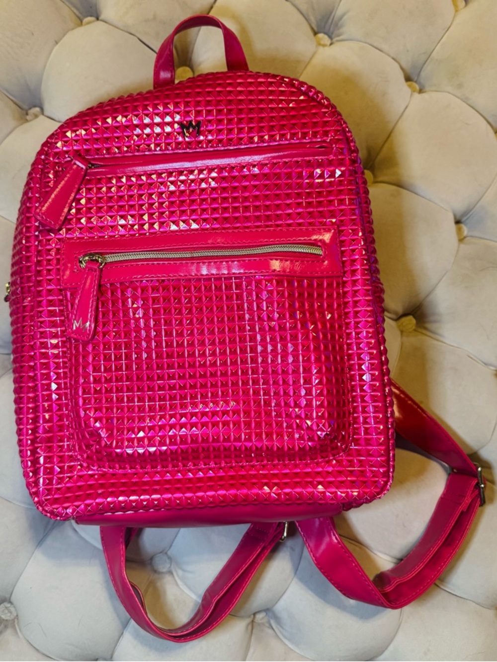 Nicki Minaj JOY Pink Metallic Studded Backpack Hot Pink Faux Leather